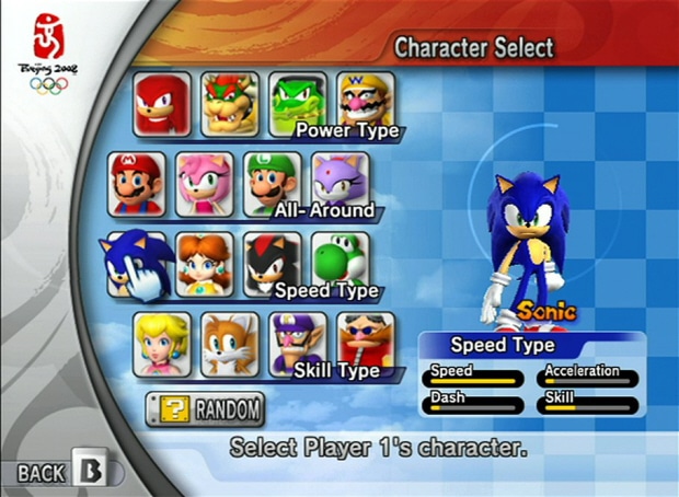 Mario and Sonic at the Olympic Games character select screenshot (Wii)