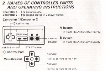 Balloon Fight NES Instruction Manuel Controls