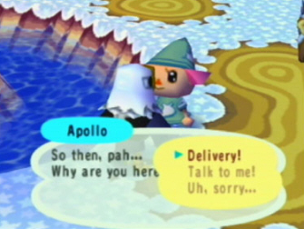 This Animal Crossing screenshot has you talking to Apollo