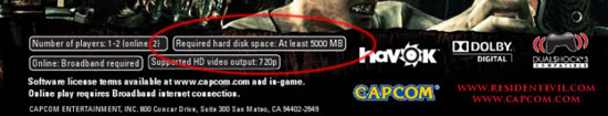 Resident Evil 5 will require a 5GB hdd install. Click for big pic Resident Evil 5 will require a 5GB hdd install