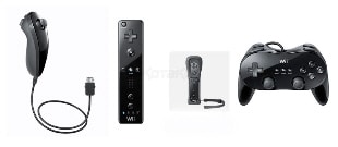 Black Wii controller and accessories (classic, nunchuck)