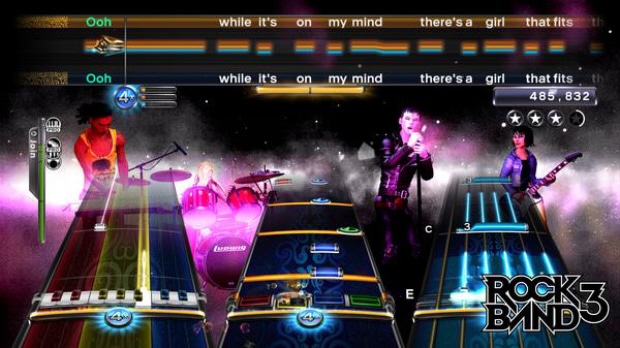 Rock Band 3 gameplay screenshot. Pro Mode keyboard, drums, guitar, vocals