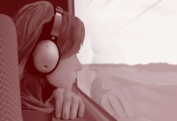 Scarlett Johansson listening to game music on the train